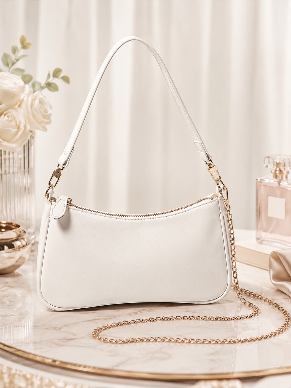 White Convertible Baguette Shoulder Bag with Gold Chain | Clean Girl